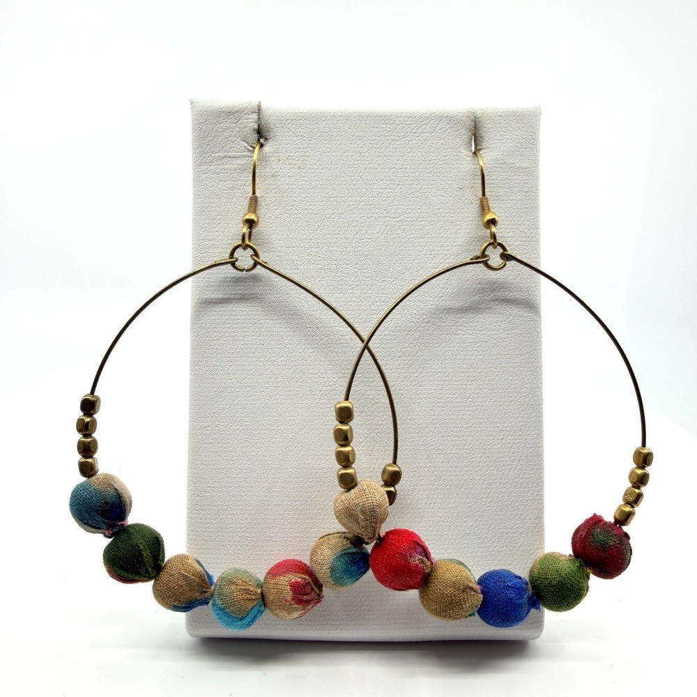 Vintage Brass Tone Hoop Earrings Multicolor Fabric Wrapped Bead Large Dangle